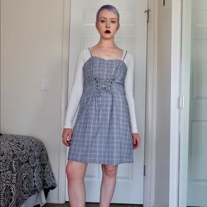 Grey plaid shirt dress with corset detail